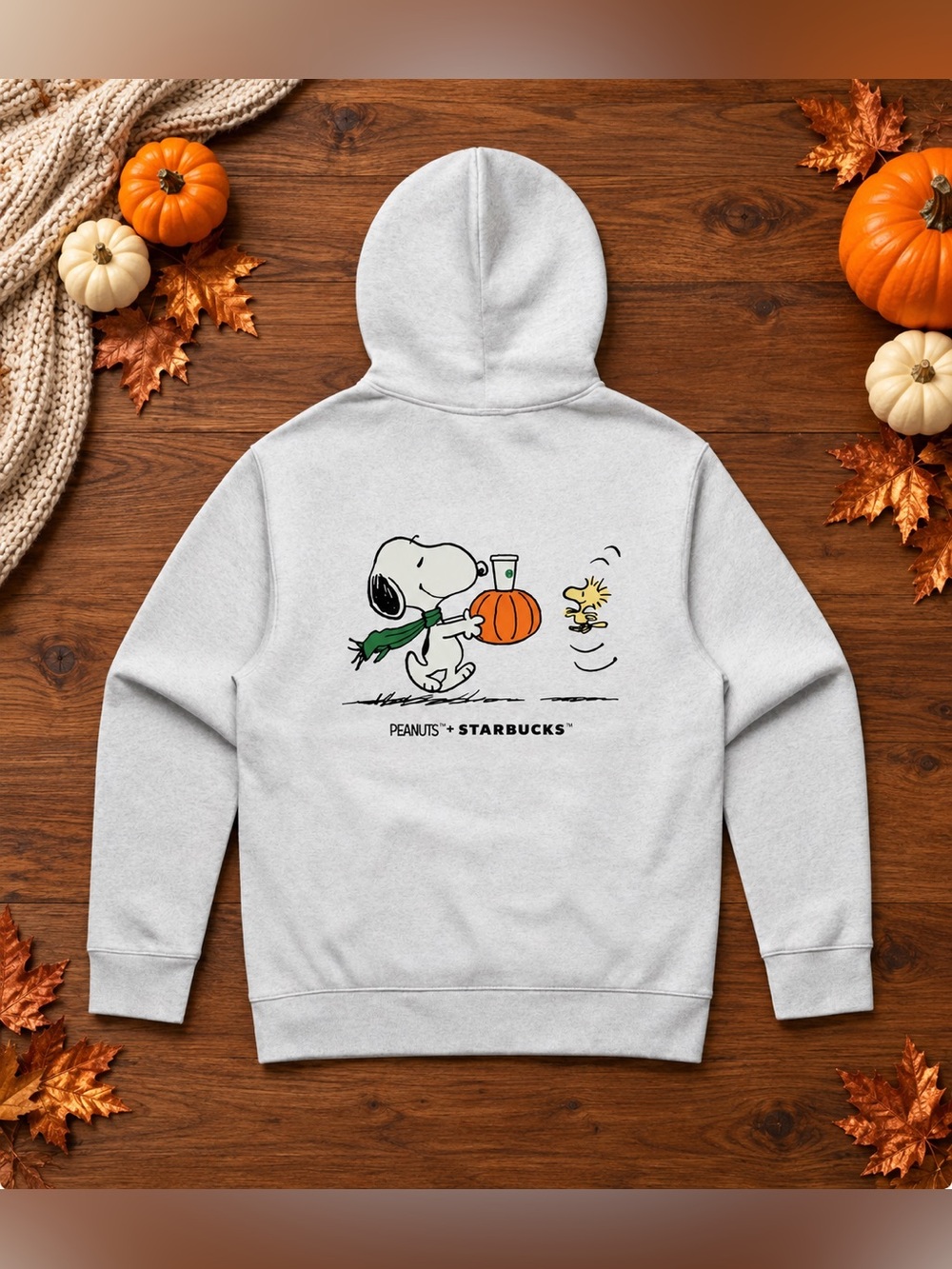 Starbucks x Peanuts Snoopy and Woodstock Pumpkin Fall Hoodie Unisex Gray - Med.